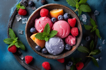 Tasty colorful sorbet set.  illustration of summer sorbet with berries and ice cubes.