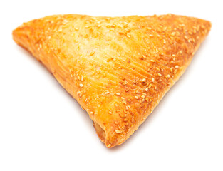 Puff samsa with meat isolated on a white background.