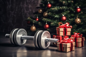 Beautiful Christmas background with gifts, Christmas tree and exercise dumbbells, Christmas backdrop for the gym.generative ai