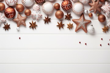 Semi-empty Christmas background with decorations on top with space for text, logos or inscriptions.generative ai
