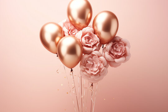 rose gold foil ballons with roses on a pastel pink background, party