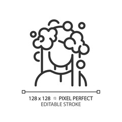 2D pixel perfect customizable woman with foam hair wash black icon, isolated vector, haircare thin line simple illustration.