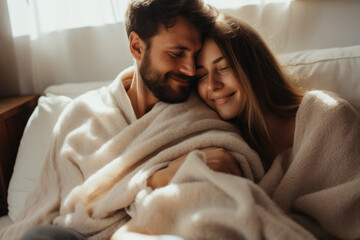 Cozy couple snuggled up on a sofa, enveloped in a warm blanket together