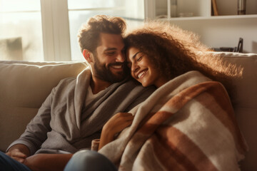 Cozy couple snuggled up on a sofa, enveloped in a warm blanket together - obrazy, fototapety, plakaty
