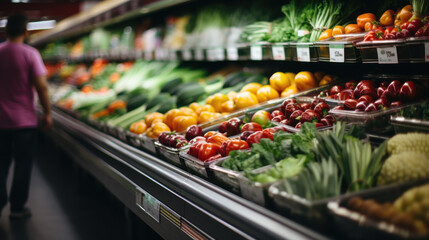 Bountiful fruit and vegetable counter displayed at a bustling supermarket
