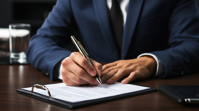 Signing official documents with a pen in a professional setting