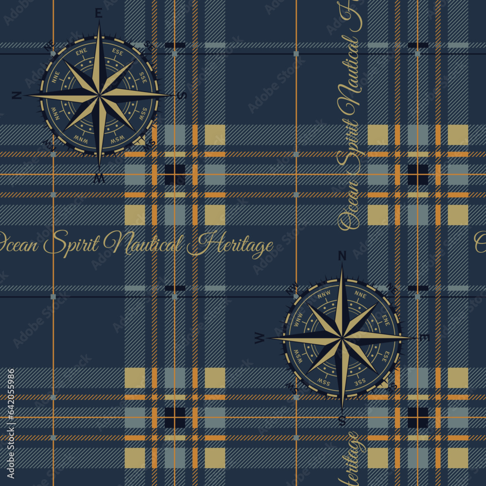 Wall mural Nautical heritage compass with tartan plaid background vintage vector seamless pattern for scarf shirt fabric wrapping carpet tablecloth pillow