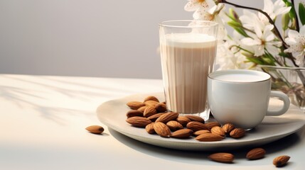 Coffee with alternative almond milk with almond nuts. Plant based eco organic healthy beverage concept