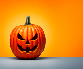 website banner with carved halloween pumpkin on orange background
