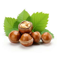 tasty hazelnuts with leaves, isolated on white, ai technology