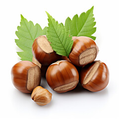 tasty hazelnuts with leaves, isolated on white, ai technology