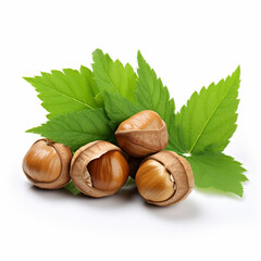 tasty hazelnuts with leaves, isolated on white, ai technology