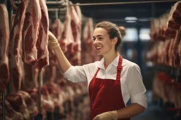 Butcher woman or meat saleswoman smiling and standing next to hanging carcasses in a large refrigerator or cold room.generative ai
