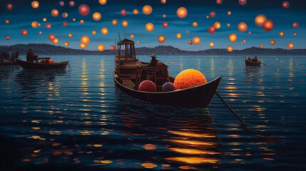 Obraz premium lantern river water celebration light festival travel night lamp boat. Generative AI.