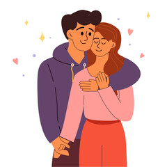 Cute Couple in Love. Man and Woman Standing Hugging Embracing Each other Feeling in Love. Hand Drawn Vector Illustration in Flat Style.