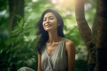A young woman meditates outdoors in a park and within an Asian cultural building, basking in sunlight. She strikes a serene yoga pose. Generative AI.