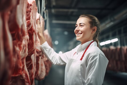 Butcher woman or meat saleswoman smiling and standing next to hanging carcasses in a large refrigerator or cold room.generative ai
