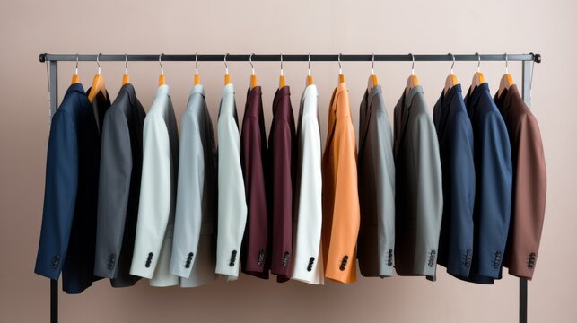 Colorful clothes hanging in row. Many suits for autumn or fall or winter season. Banner.
