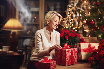 Obraz na płótnie Canvas A photo of attractive mature female with Christmas gift