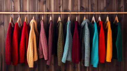 Colorful clothes hanging in row. Many clothes for autumn or fall or winter season. Сlothespin.