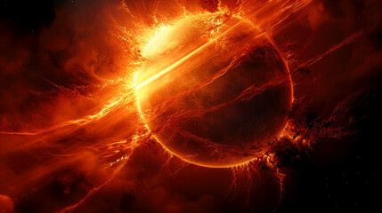 The red sun's atmosphere, sun with plasma and explosions background in space. supernova in space. 