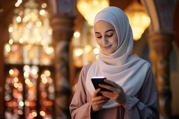 Muslim young woman using phone outside with beautiful lighting.generative ai
 - Powered by Adobe