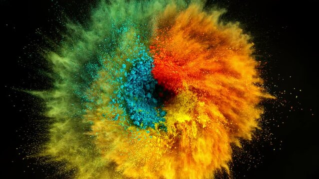 Super Slow Motion of Colored Powder Rotation in Reverse Speed Isolated on Black Background. Filmed on High Speed Cinema Camera, 1000fps.