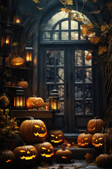 Obraz premium Happy Halloween background spooky scene, creepy dark night with jack o lantern pumpkins spooky ghosts horror gothic evil mysterious night haunted haloween house backdrop.