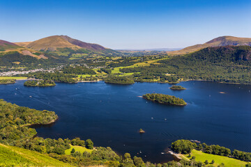 Derwentwater and the town of Keswick in the English Lake District on a hot summers day