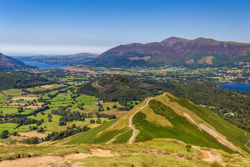 Rural farmland and lakes from Catbells in the English Lake District