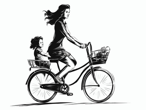 Mother With Bike In The Style Of Dynamic Line Work