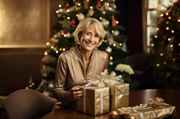 Obraz na płótnie Canvas A photo of attractive mature female with Christmas gift