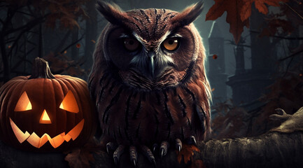 Owl with a pumpkin for Halloween, created with Generative AI technology.