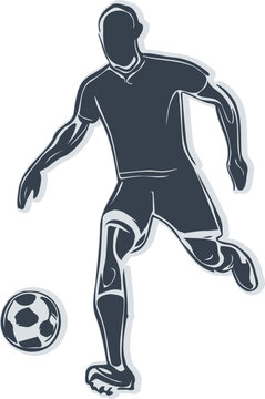 Simple monochrome vector graphic capturing a player with a soccer ball