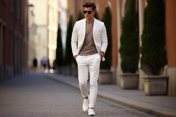 wide white pants mockup on unrecognizable male model , AI Generated - obrazy, fototapety, plakaty