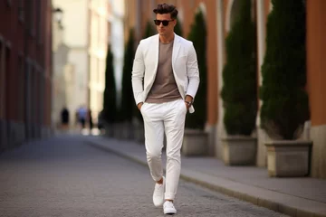 Zelfklevend Fotobehang wide white pants mockup on unrecognizable male model , AI Generated © dark_blade