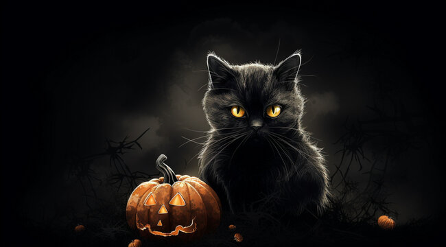 Black cat with pumpkins for Halloween, created with Generative AI technology.