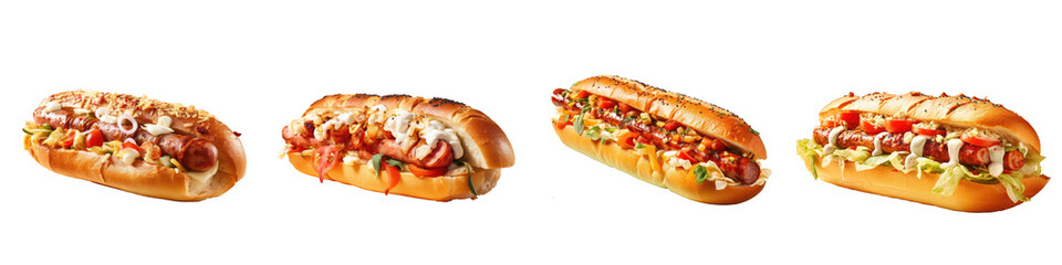 Chicken smoked sausage on a fresh white baguette isolated on a transparent background