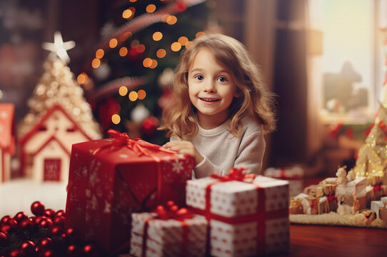 A photo of small girl with christmas gift