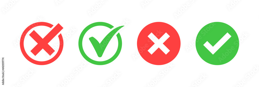 Poster check mark icon button set. check box icon with right and wrong buttons and yes or no checkmark icons in green tick box and red cross. vector illustration