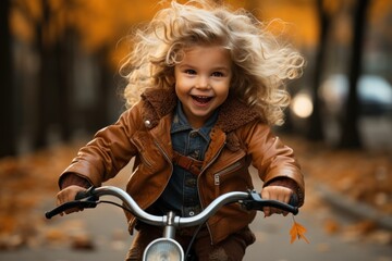 Fototapeta na wymiar cute cheerful little girl rides a bike in autumn park