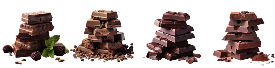 Delicious dark chocolate pieces against a transparent background