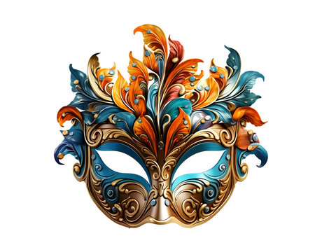 Female or Male Carnival Mask with Golden ornaments. The new year part of colorful mask isolated on white background.