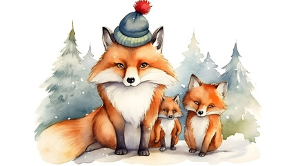 Watercolor illustration of family foxes in the Santa Claus hats