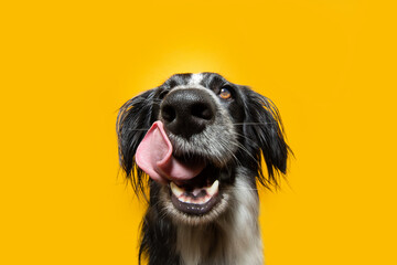 Close-up hungry puppy dog eating licking its lips with tongue. Isolated on yellow background