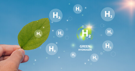 H2 hydrogen innovation zero emissions technology.Globe Glass with H2 icons. Reduce carbon dioxide...