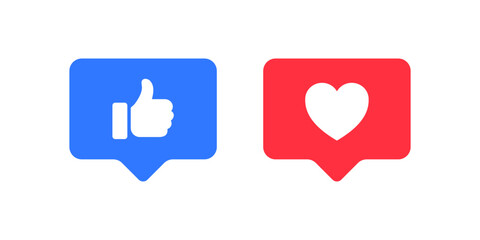 Like and love icon button. Thumbs up and heart flat icon in modern speech bubble shapes , Social media notification icons. emoji post reactions set. Vector illustration - obrazy, fototapety, plakaty