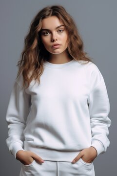 Young woman wearing a white casual sweatshirt for mockup design, AI Generated