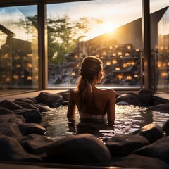 frau im wellness spa sauna bereich eines luxus hotel ressorts in einem whirlpool badelandschaft  sitzend und geniessend die auszeit relaxen verwöhnen lassen - unkenntlcihe fiktive person generative ai - obrazy, fototapety, plakaty