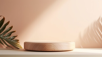 minimal modern wooden round tray podium on white glossy table counter in sunlight, leaf shadow on beige wall background for luxury beauty, organic, health, cosmetic, fashion product display.
